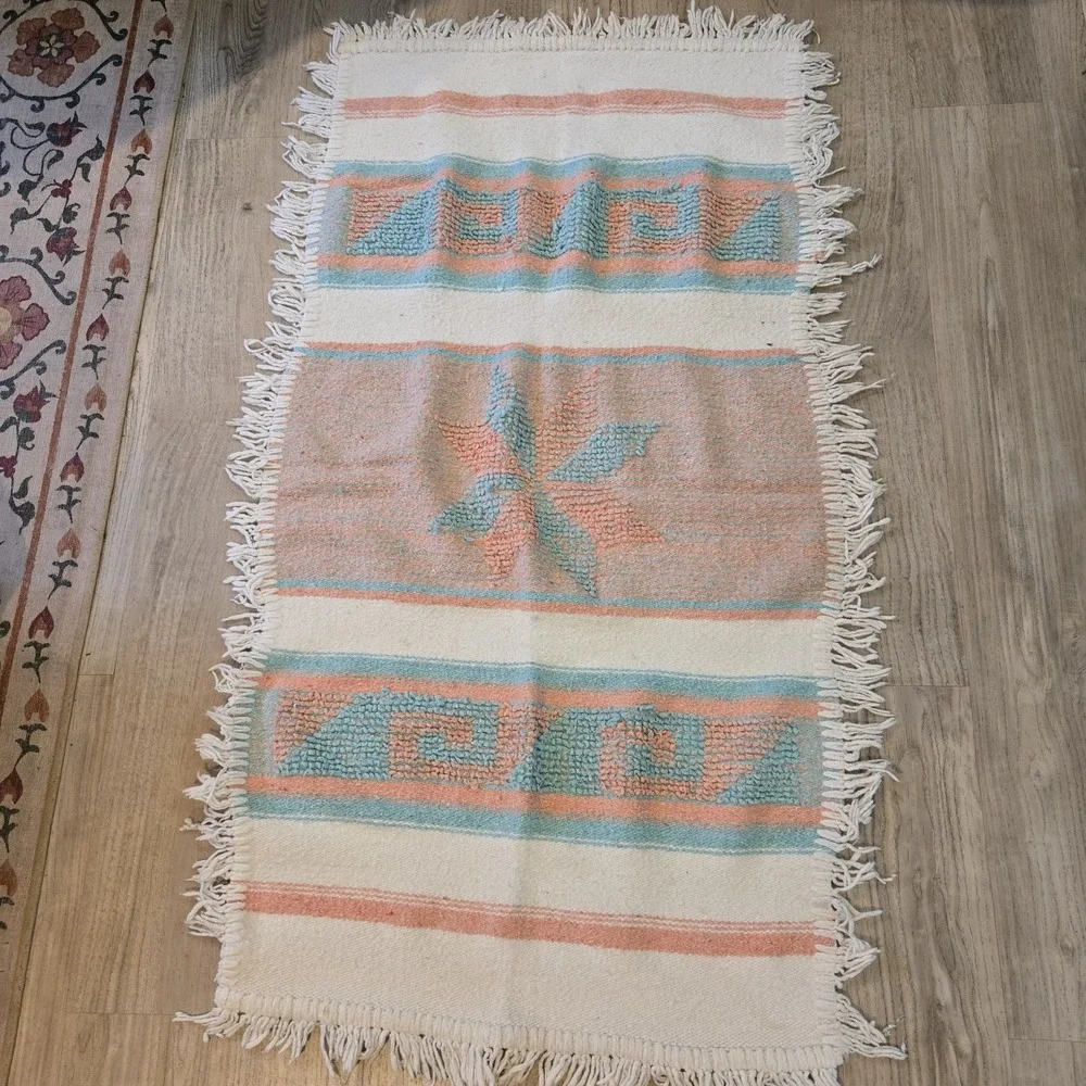 VINTAGE Mexican Hand Woven Rug Mat 54x28